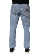 Blue Cotton Distressed Slim Fit Denim Jeans