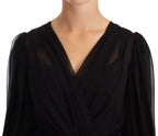 Black Silk Tulle Long Sleeve V-neck Dress