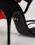 Black Leather Strappy Flower Heels Sandals  Shoes