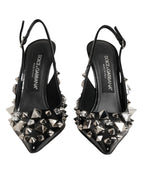Black Studded Leather Heels Slingbacks Shoes