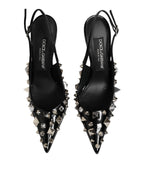 Black Studded Leather Heels Slingbacks Shoes