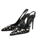 Black Studded Leather Heels Slingbacks Shoes