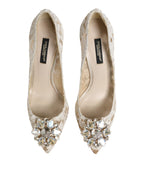 White Taormina Lace Crystal Heel Pumps Shoes