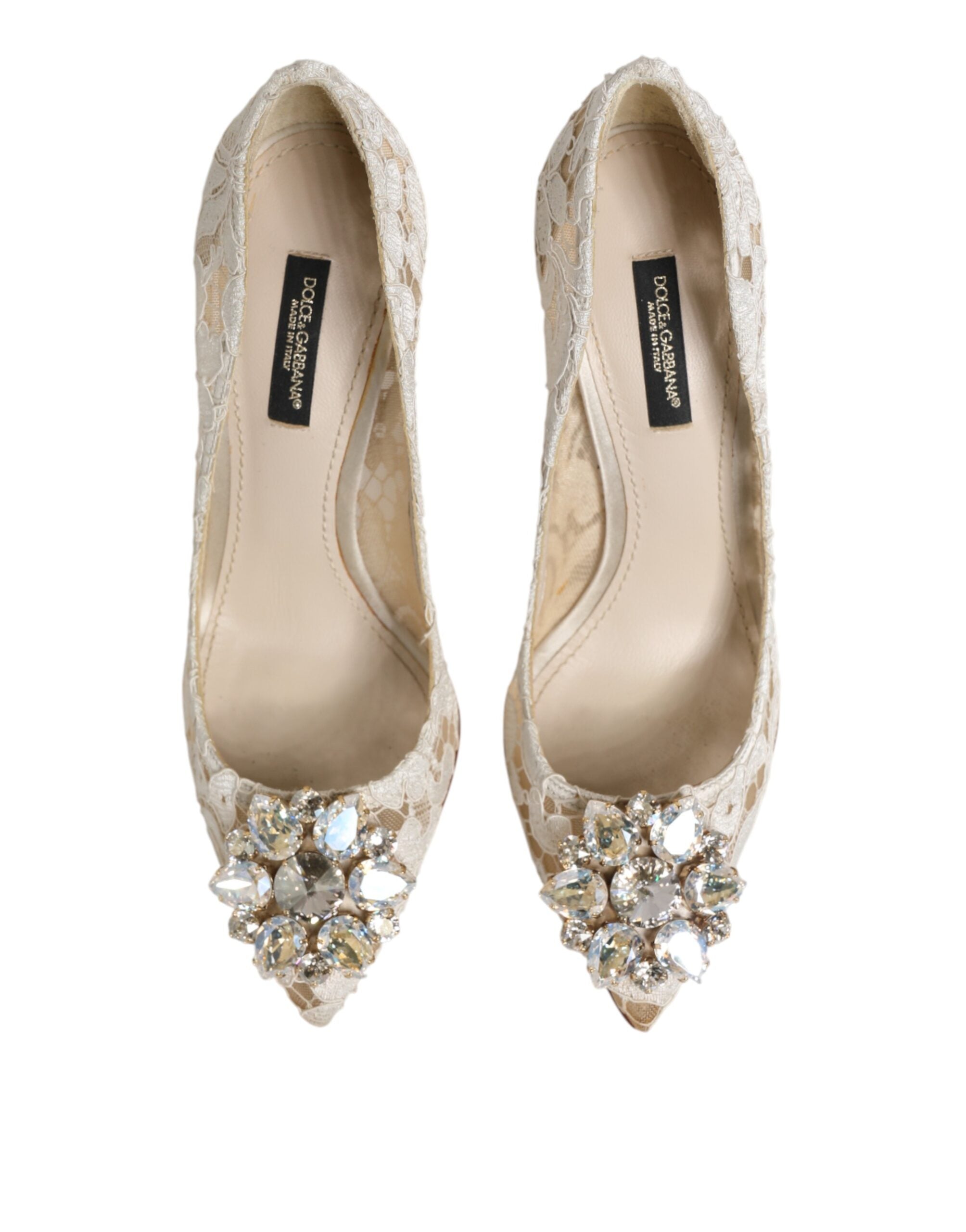 White Taormina Lace Crystal Heel Pumps Shoes