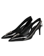 Black Zipper Leather Heels Slingbacks Shoes