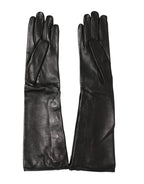 Black Leather Embellished Long Mitten Gloves
