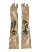 Beige Satin Crystal Elbow Length Mitten Gloves