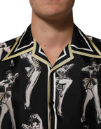 Black Silk Pin Up Printed Button Down Shirt