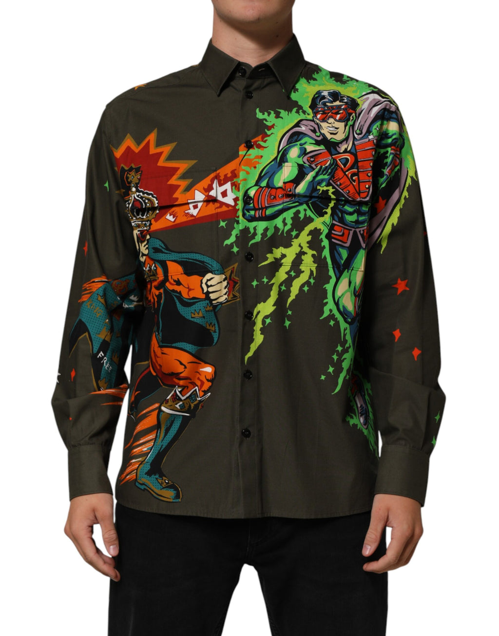 Green Superhero Print Button Down Shirt