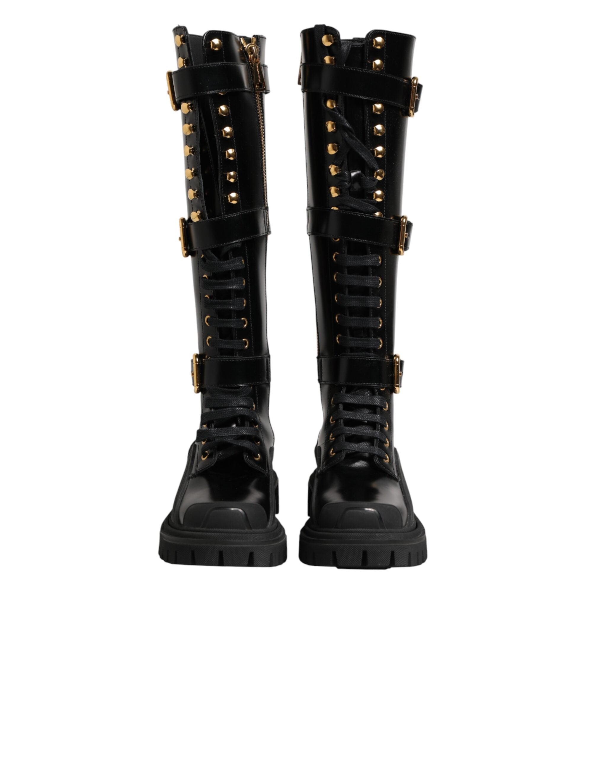 Black Buckle Embellished Knee High Boots Shoes