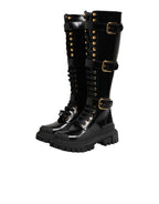 Black Buckle Embellished Knee High Boots Shoes