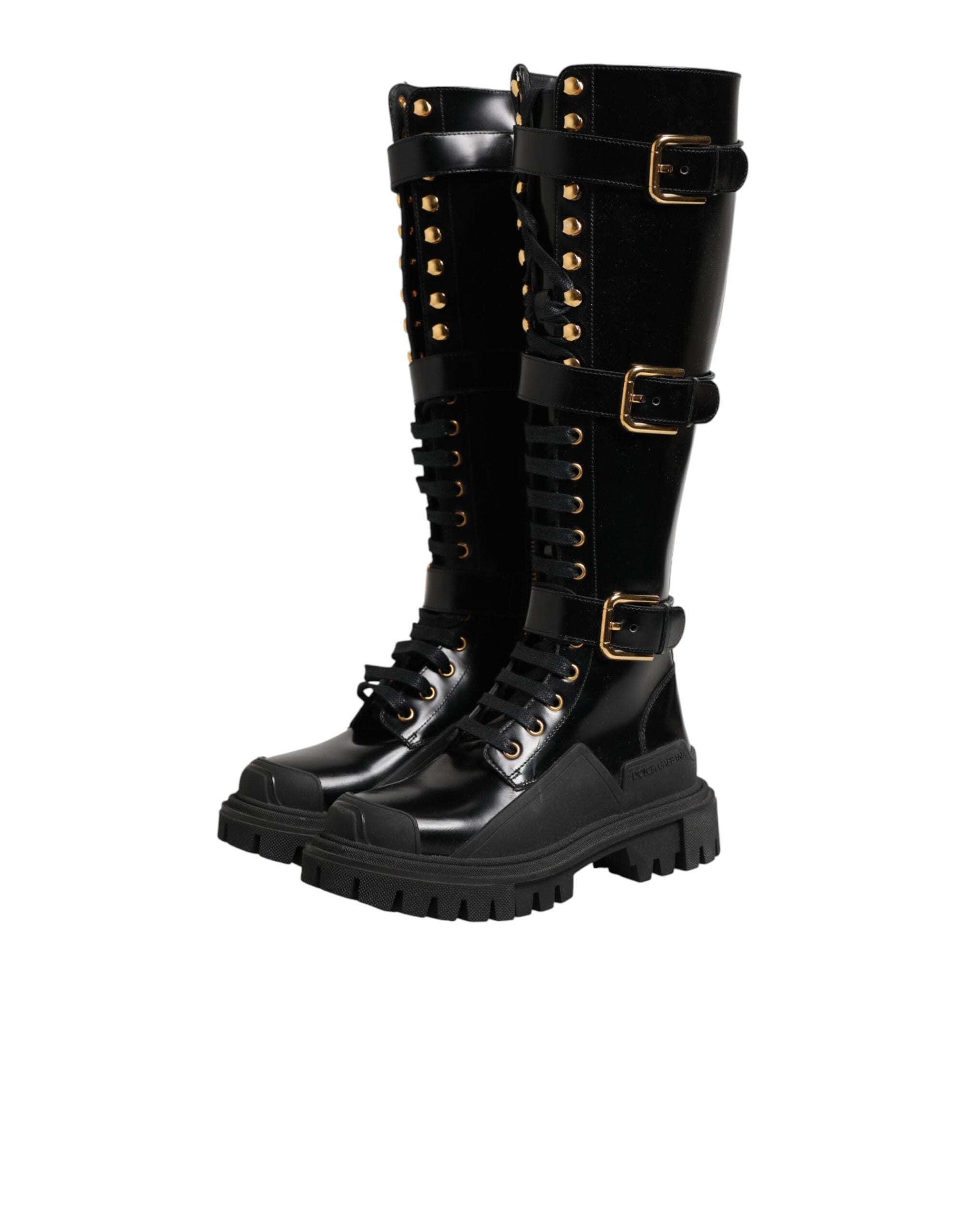 Black Buckle Embellished Knee High Boots Shoes