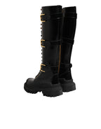 Black Buckle Embellished Knee High Boots Shoes