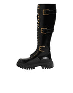 Black Buckle Embellished Knee High Boots Shoes