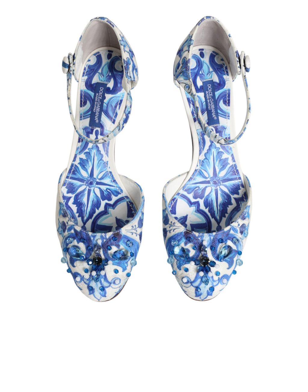 White Blue Floral Crystal Ankle Straps Shoes