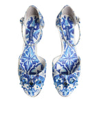 White Blue Floral Crystal Ankle Straps Shoes