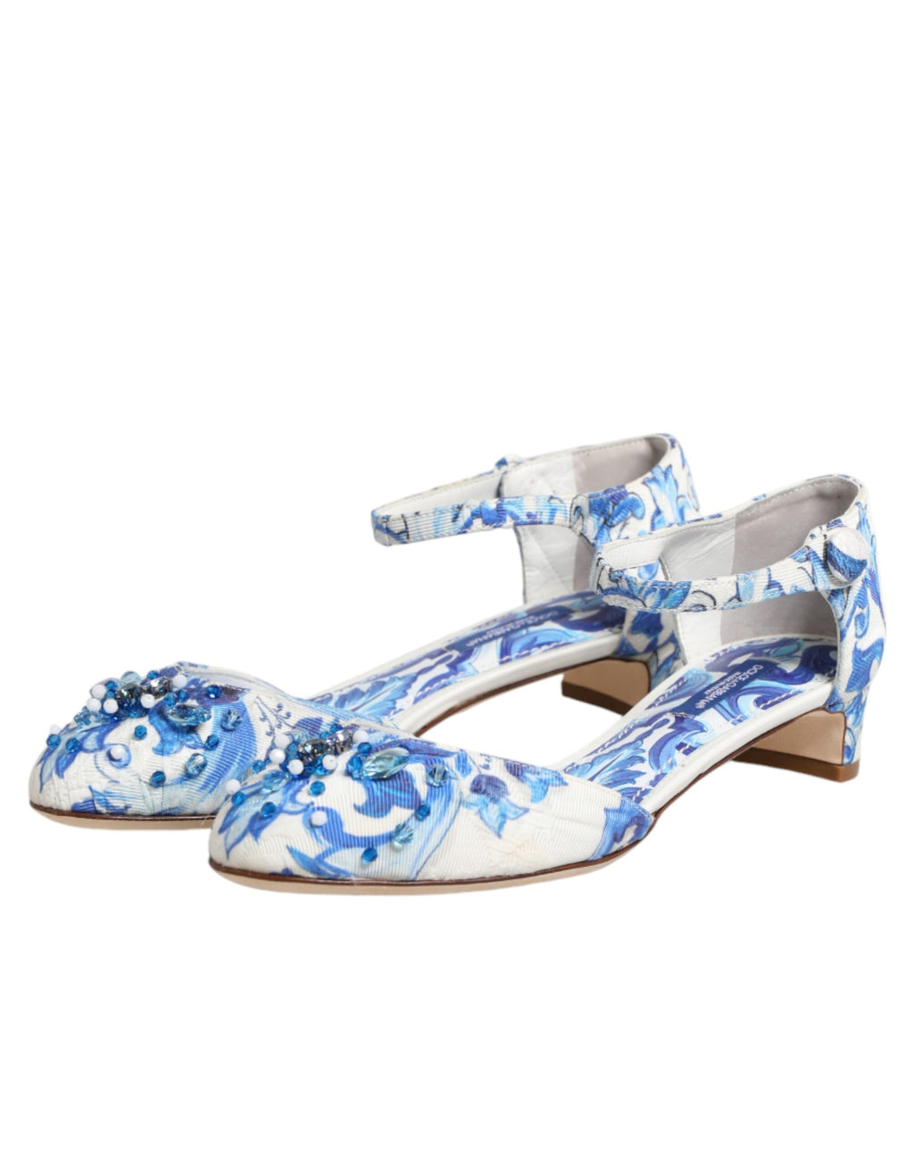 White Blue Floral Crystal Ankle Straps Shoes