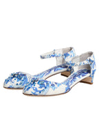 White Blue Floral Crystal Ankle Straps Shoes