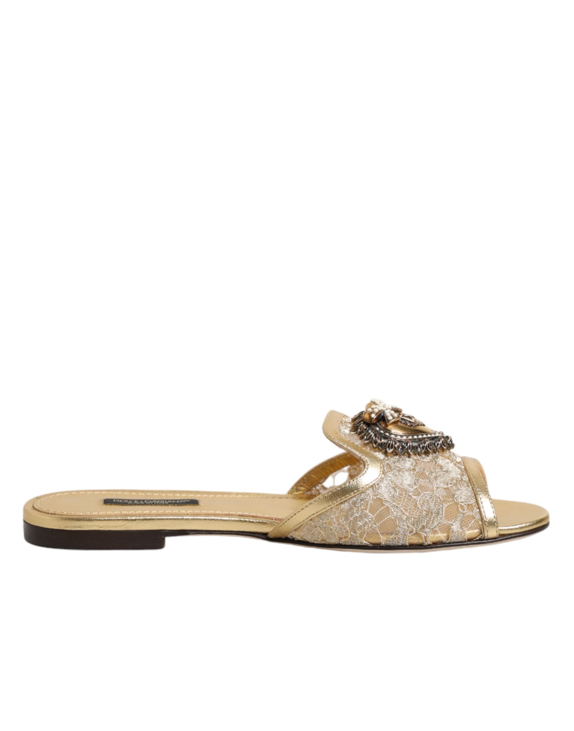 Gold Devotion Lace Flats Slip On Sandals Shoes