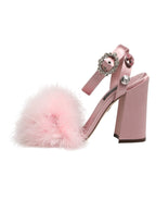 Pink Crystal Fur Embellished Sandals Shoes