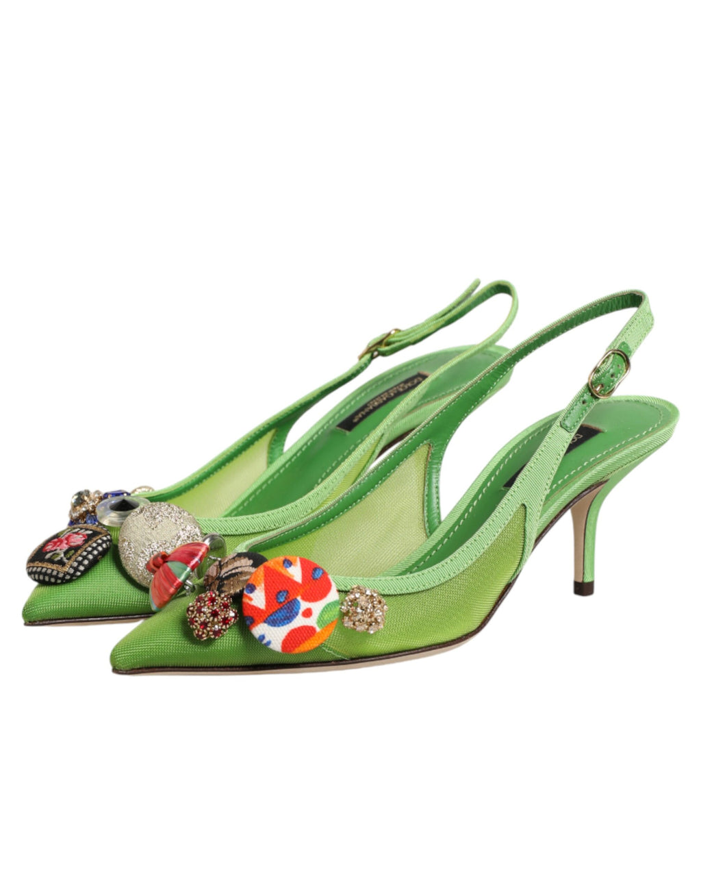 Green Embellished Heels Slingbacks Shoes