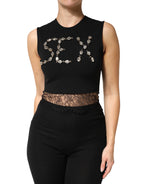 Black Jersey Lace Ruching Rhinestone Tank Top