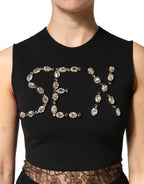 Black Jersey Lace Ruching Rhinestone Tank Top