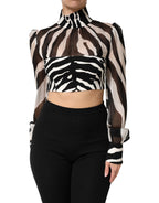 Zebra Print Chiffon Paneled Crop Blouse Top