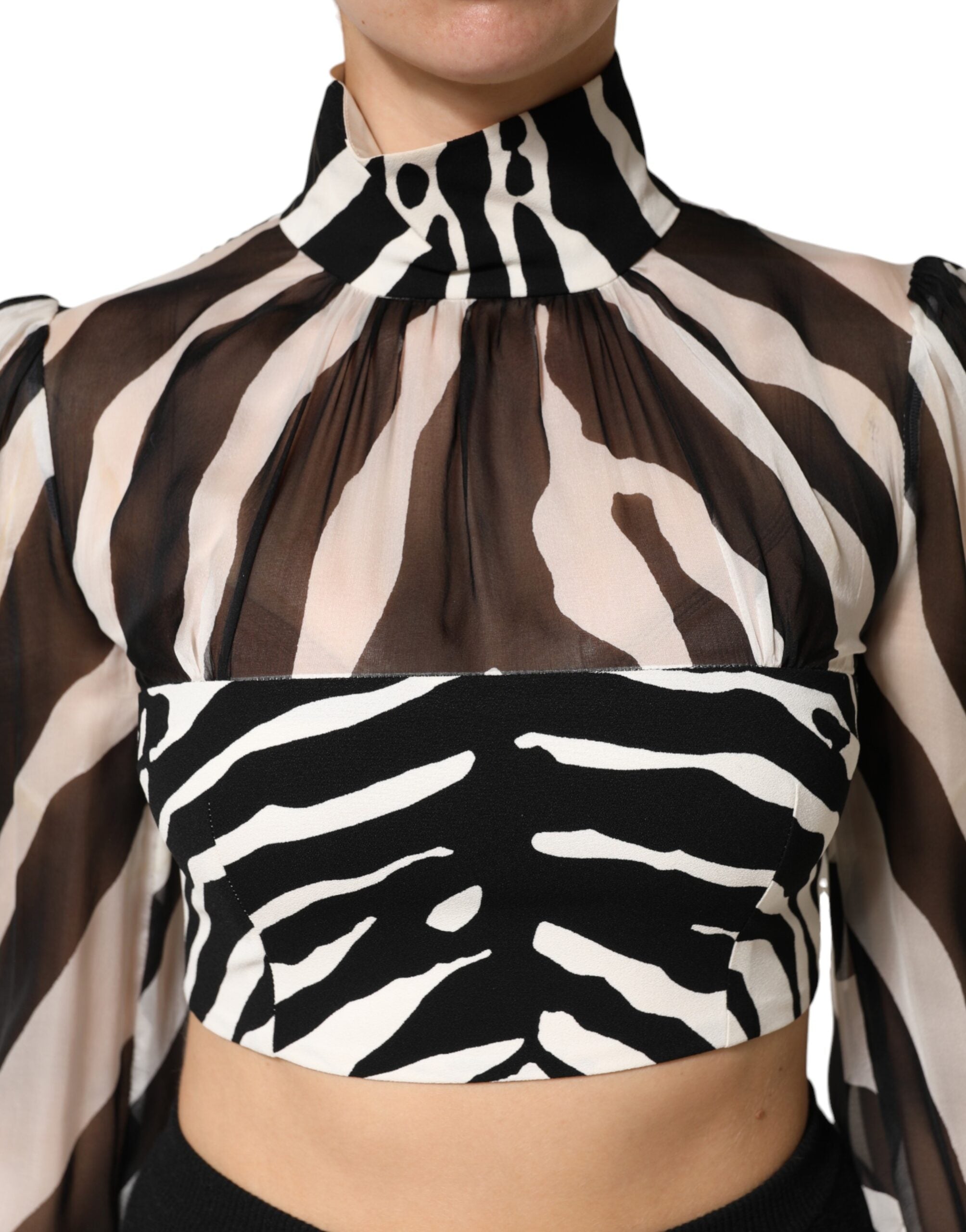 Zebra Print Chiffon Paneled Crop Blouse Top
