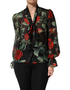 Black Floral Long Sleeves Silk Blouse Top
