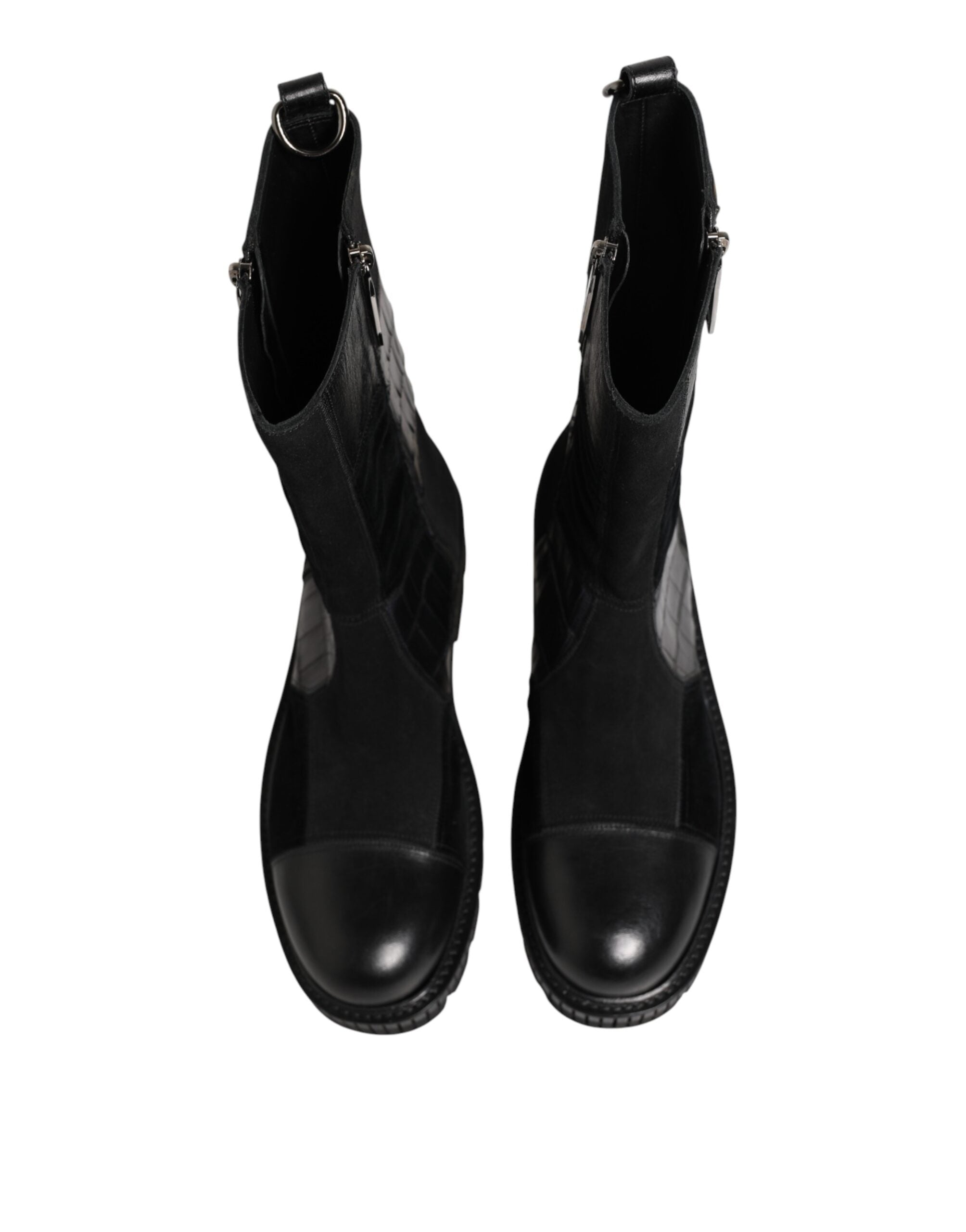 Black Patchwork Leather Mid Calf Boot  Shoes