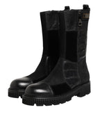 Black Patchwork Leather Mid Calf Boot  Shoes