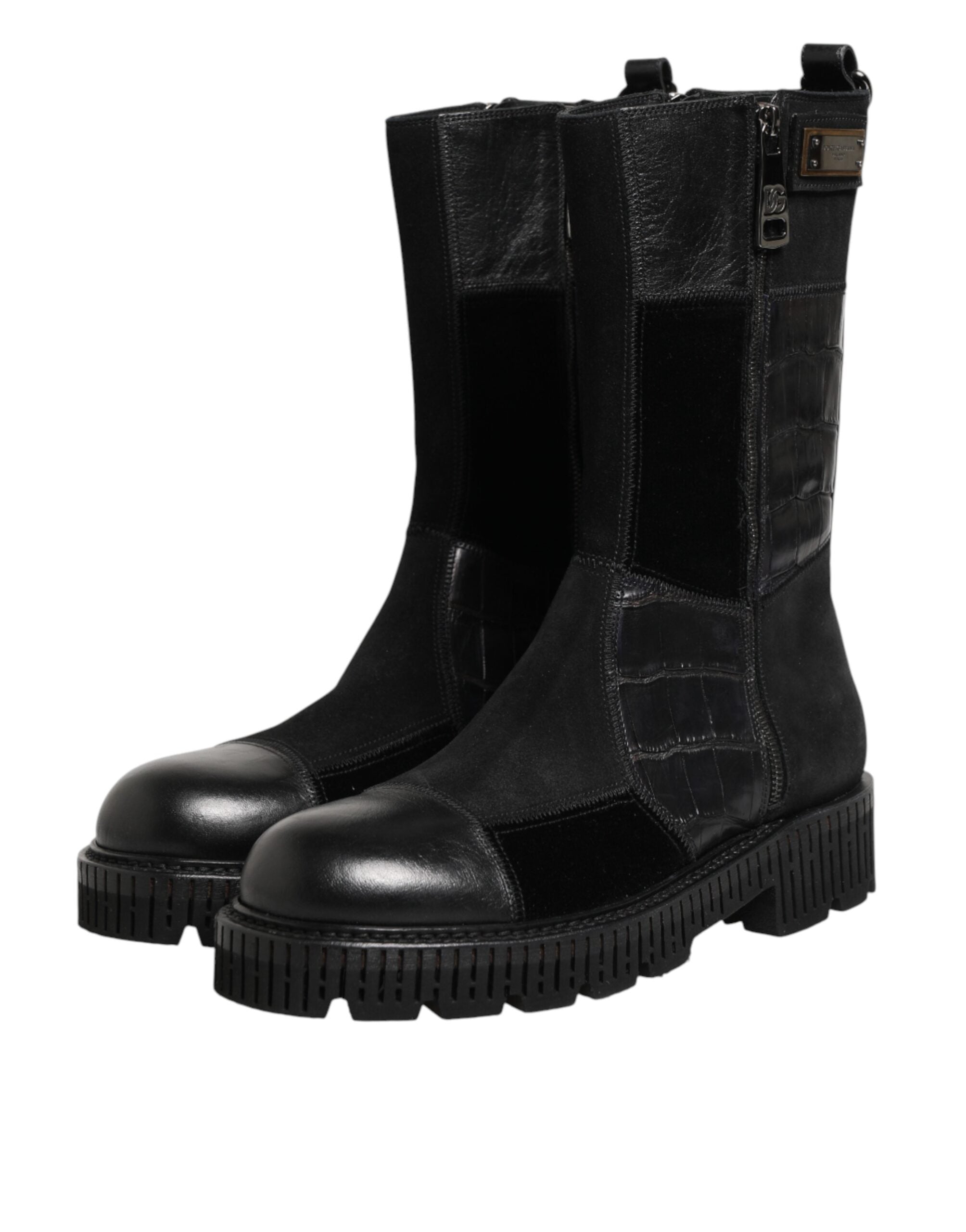 Black Patchwork Leather Mid Calf Boot  Shoes