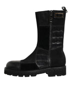 Black Patchwork Leather Mid Calf Boot  Shoes