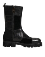 Black Patchwork Leather Mid Calf Boot  Shoes