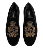 Black Velvet Gold Crown Mens Loafers Shoes