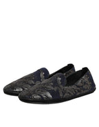 Black Jacquard Leather Slip On Loafers Shoes