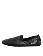 Black Jacquard Leather Slip On Loafers Shoes