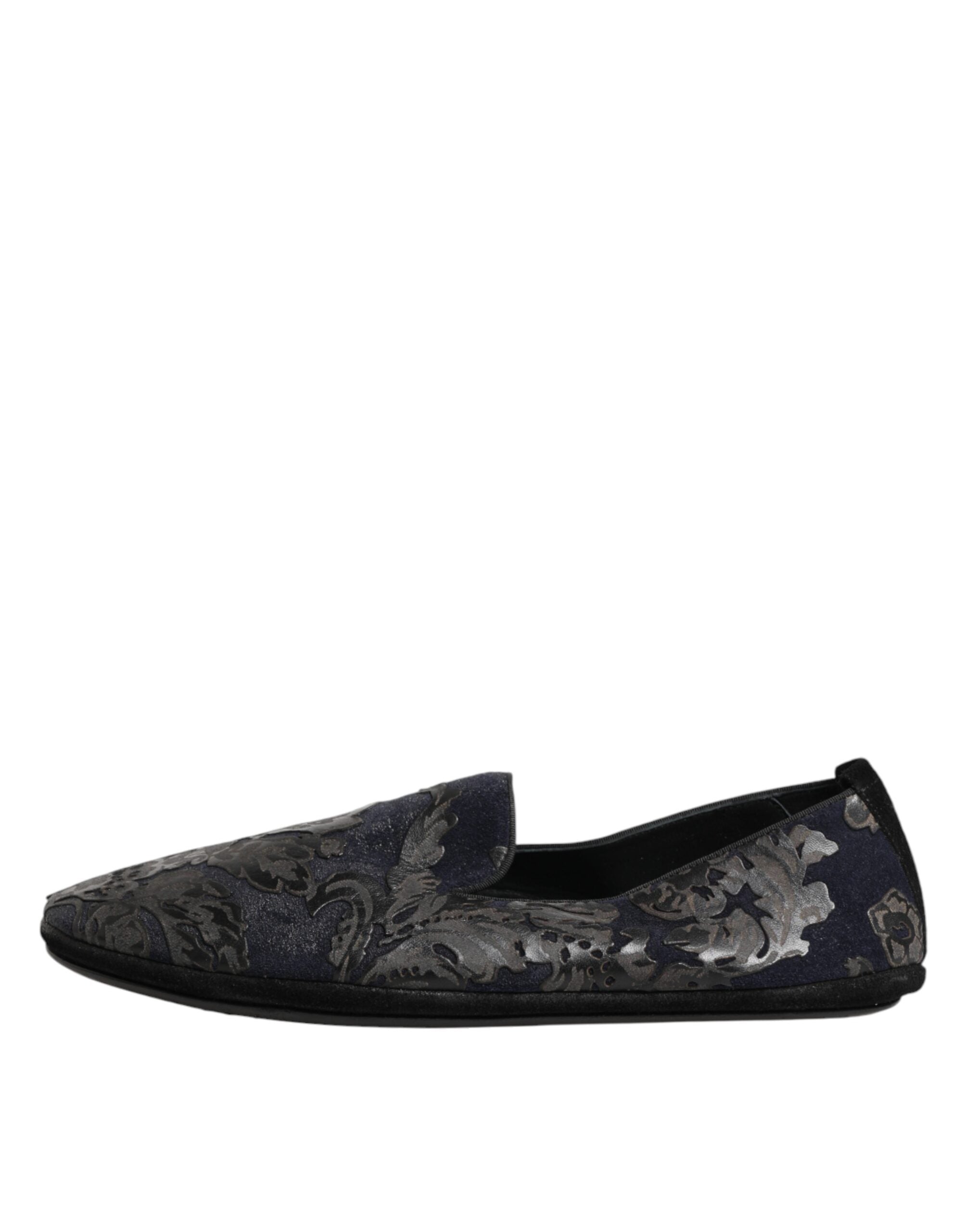 Black Jacquard Leather Slip On Loafers Shoes