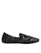 Black Jacquard Leather Slip On Loafers Shoes