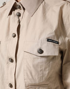 Beige Collared Long Sleeve Cotton Shirt Top