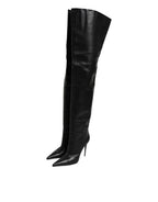 Black Leather Stiletto Knee High Boots Shoes