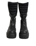 Black Leather Mid Calf Biker Boots Shoes