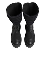Black Leather Mid Calf Biker Boots Shoes