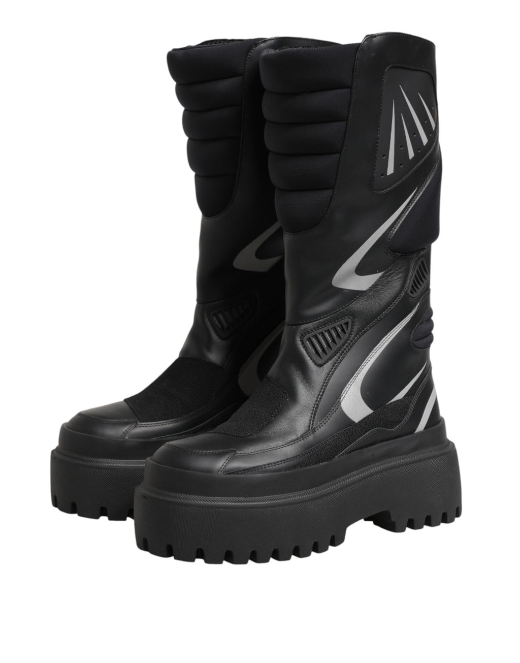 Black Leather Mid Calf Biker Boots Shoes