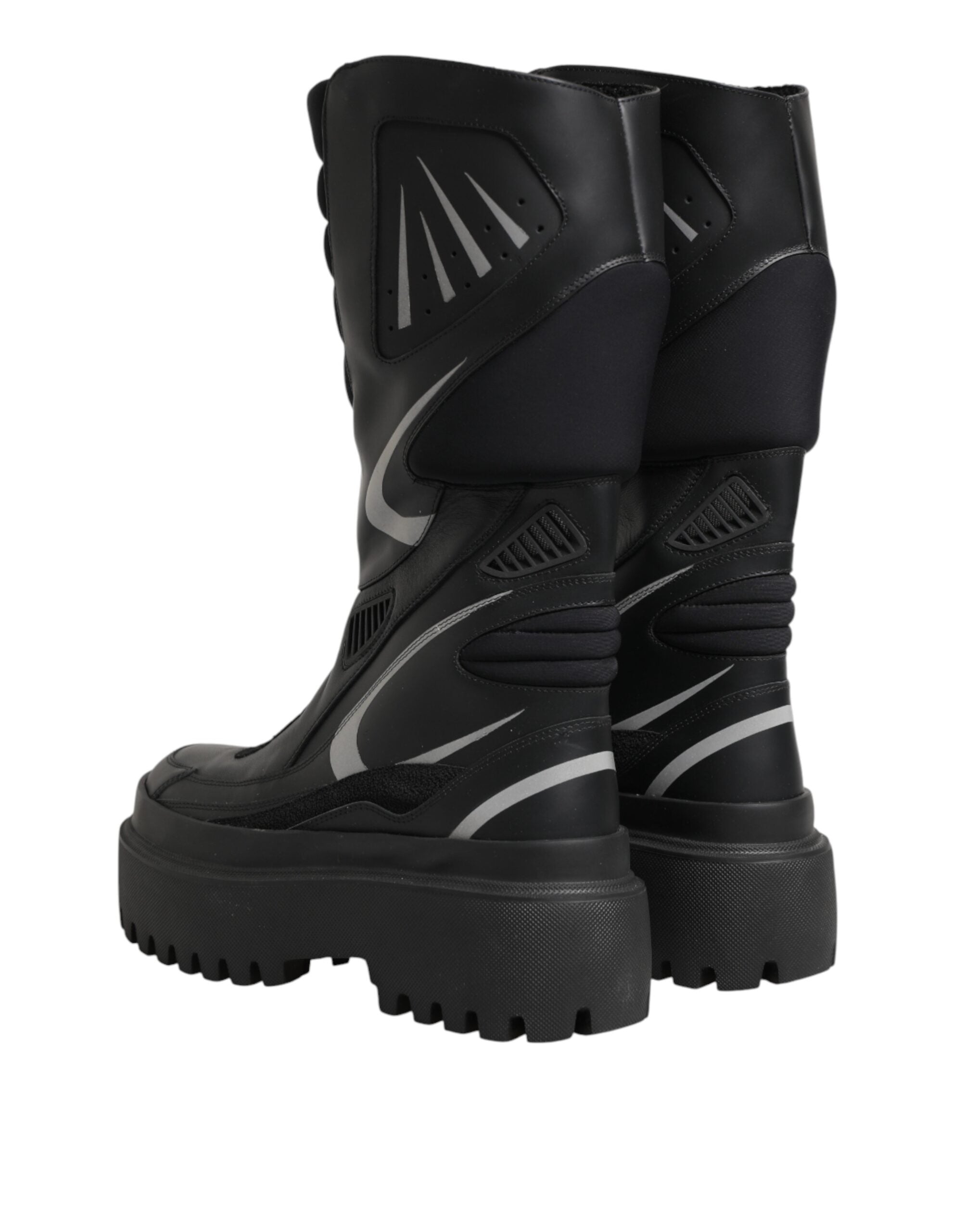 Black Leather Mid Calf Biker Boots Shoes