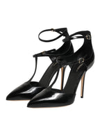 Black Leather T-STRAPS Heels Sandals Shoes