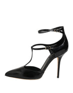 Black Leather T-STRAPS Heels Sandals Shoes
