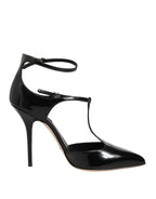 Black Leather T-STRAPS Heels Sandals Shoes