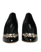 Black Leather Crystals Heels Pumps Shoes